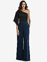 Front View Thumbnail - Midnight Navy & Black One-Shoulder Bell Sleeve Jumpsuit with Pockets