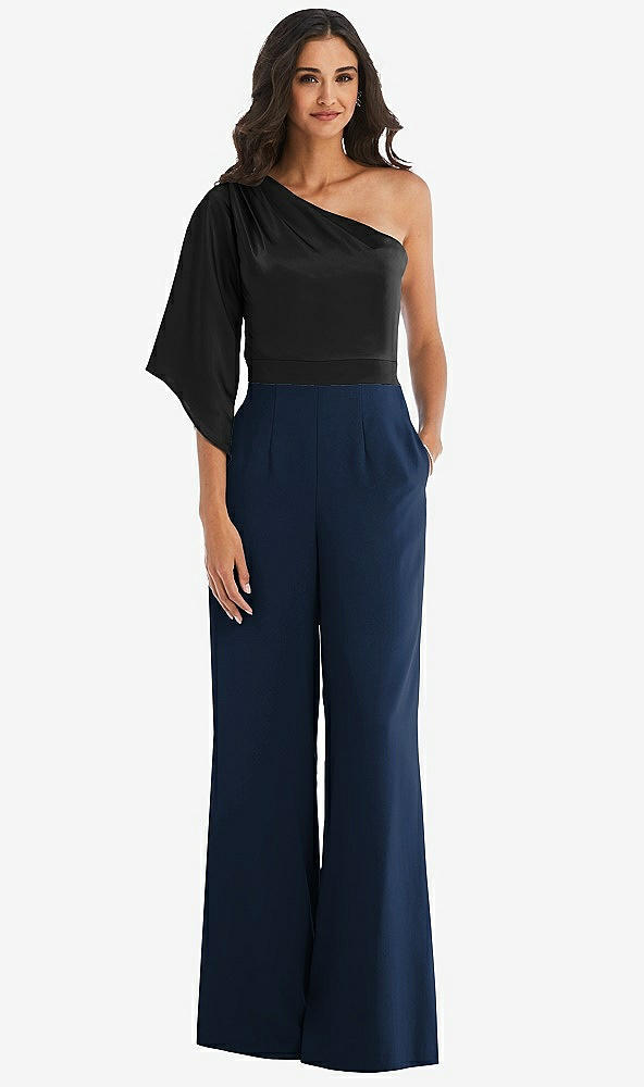 Front View - Midnight Navy & Black One-Shoulder Bell Sleeve Jumpsuit with Pockets