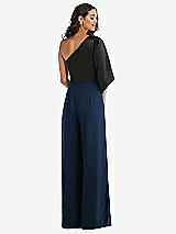 Rear View Thumbnail - Midnight Navy & Black One-Shoulder Bell Sleeve Jumpsuit with Pockets