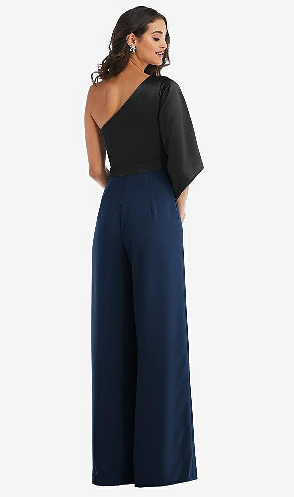 Back View - Midnight Navy & Black One-Shoulder Bell Sleeve Jumpsuit with Pockets