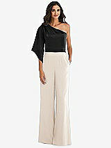Front View Thumbnail - Oat & Black One-Shoulder Bell Sleeve Jumpsuit with Pockets