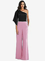 Front View Thumbnail - Powder Pink & Black One-Shoulder Bell Sleeve Jumpsuit with Pockets