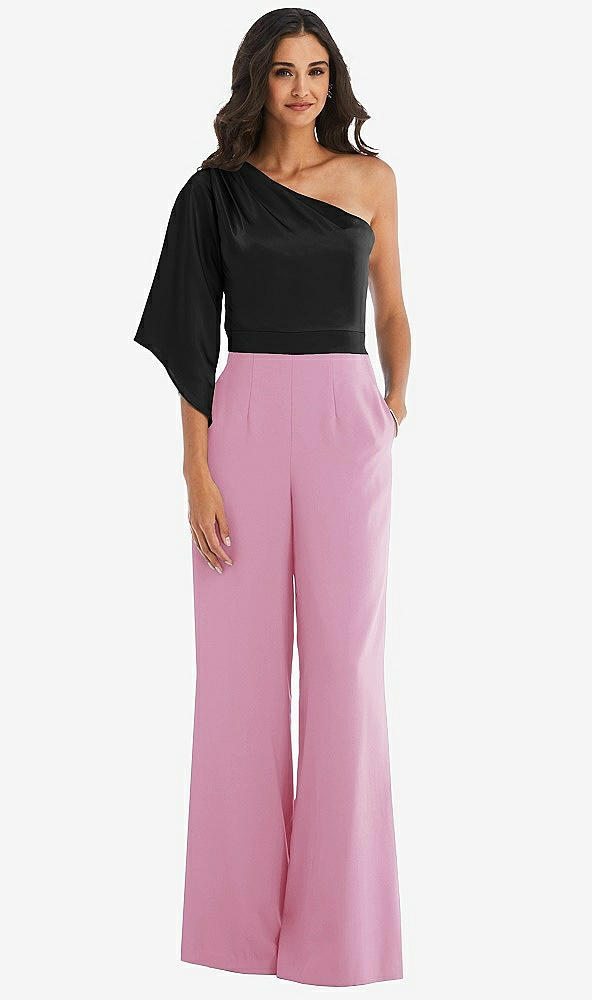Front View - Powder Pink & Black One-Shoulder Bell Sleeve Jumpsuit with Pockets