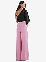 Rear View Thumbnail - Powder Pink & Black One-Shoulder Bell Sleeve Jumpsuit with Pockets