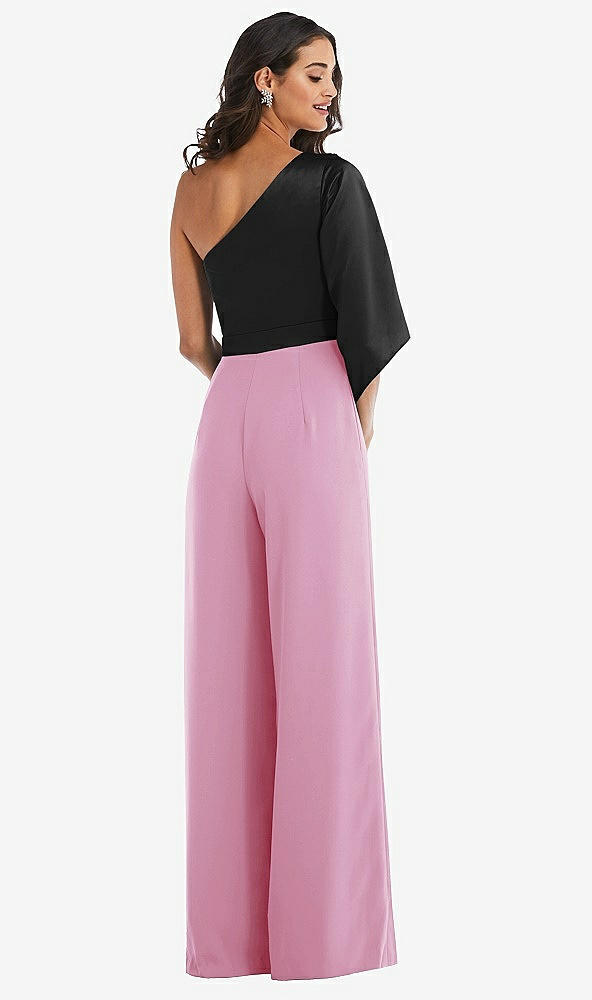 Back View - Powder Pink & Black One-Shoulder Bell Sleeve Jumpsuit with Pockets