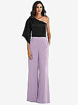 Front View Thumbnail - Pale Purple & Black One-Shoulder Bell Sleeve Jumpsuit with Pockets
