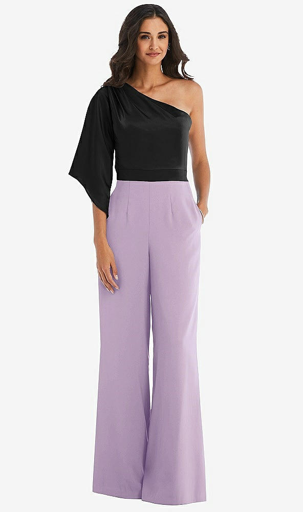Front View - Pale Purple & Black One-Shoulder Bell Sleeve Jumpsuit with Pockets