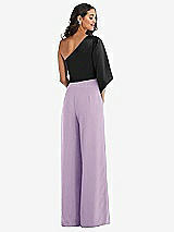 Rear View Thumbnail - Pale Purple & Black One-Shoulder Bell Sleeve Jumpsuit with Pockets