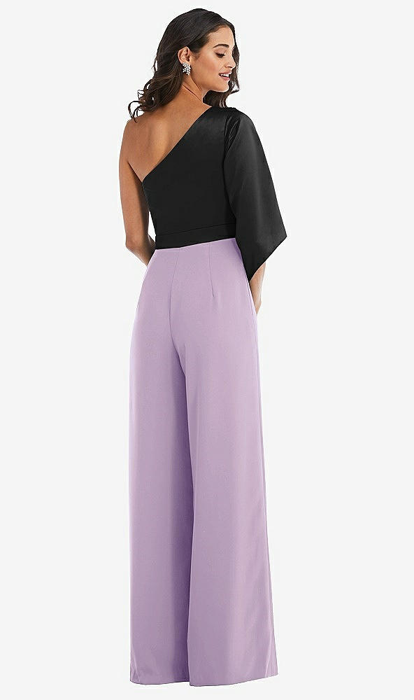 Back View - Pale Purple & Black One-Shoulder Bell Sleeve Jumpsuit with Pockets