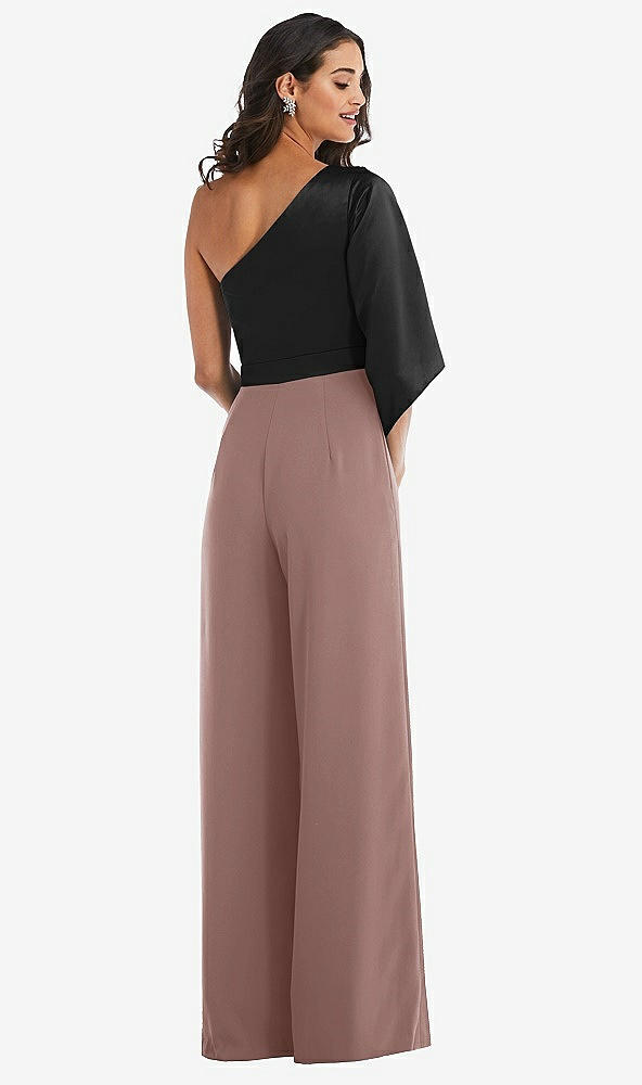 Back View - Sienna & Black One-Shoulder Bell Sleeve Jumpsuit with Pockets