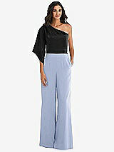 Front View Thumbnail - Sky Blue & Black One-Shoulder Bell Sleeve Jumpsuit with Pockets