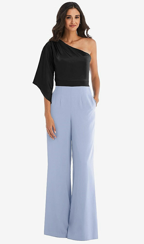 Front View - Sky Blue & Black One-Shoulder Bell Sleeve Jumpsuit with Pockets