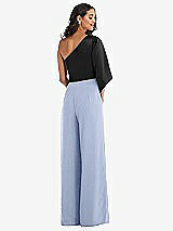 Rear View Thumbnail - Sky Blue & Black One-Shoulder Bell Sleeve Jumpsuit with Pockets
