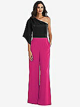 Front View Thumbnail - Think Pink & Black One-Shoulder Bell Sleeve Jumpsuit with Pockets