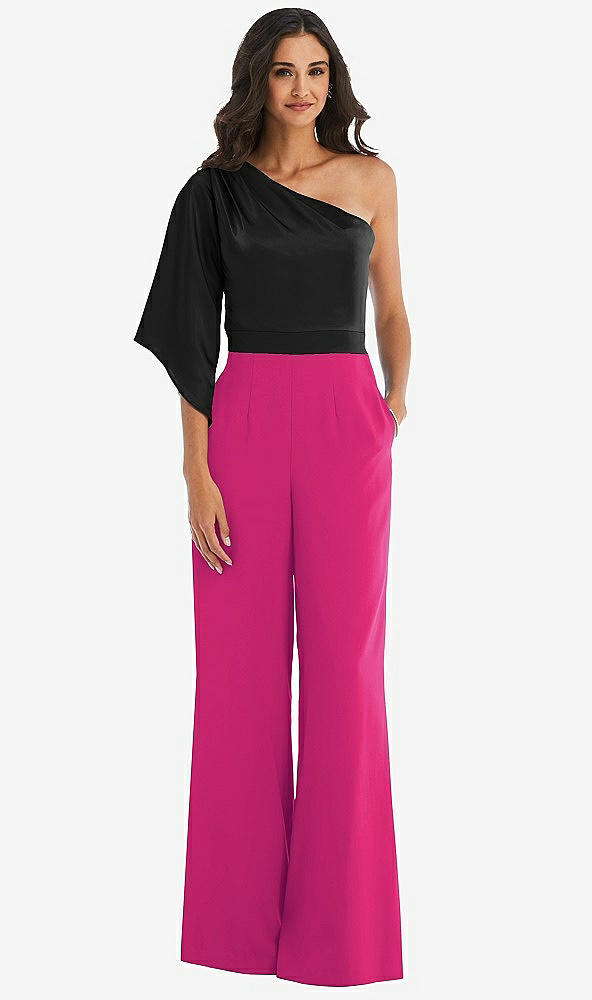 Front View - Think Pink & Black One-Shoulder Bell Sleeve Jumpsuit with Pockets