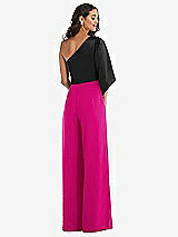 Rear View Thumbnail - Think Pink & Black One-Shoulder Bell Sleeve Jumpsuit with Pockets