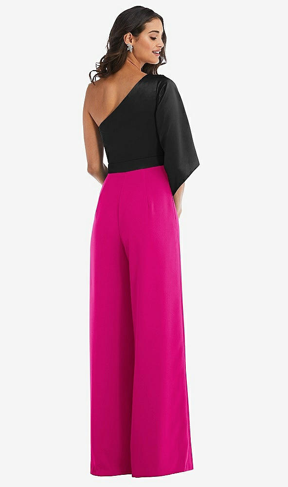 Back View - Think Pink & Black One-Shoulder Bell Sleeve Jumpsuit with Pockets