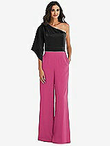 Front View Thumbnail - Tea Rose & Black One-Shoulder Bell Sleeve Jumpsuit with Pockets