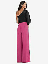 Rear View Thumbnail - Tea Rose & Black One-Shoulder Bell Sleeve Jumpsuit with Pockets