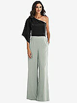 Front View Thumbnail - Willow Green & Black One-Shoulder Bell Sleeve Jumpsuit with Pockets
