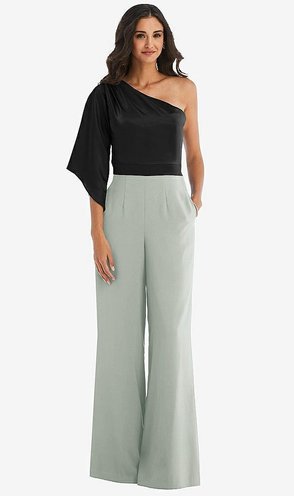 Front View - Willow Green & Black One-Shoulder Bell Sleeve Jumpsuit with Pockets