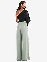 Rear View Thumbnail - Willow Green & Black One-Shoulder Bell Sleeve Jumpsuit with Pockets