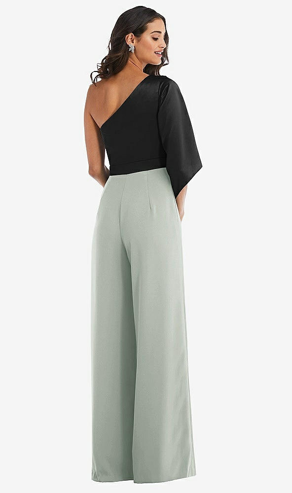 Back View - Willow Green & Black One-Shoulder Bell Sleeve Jumpsuit with Pockets