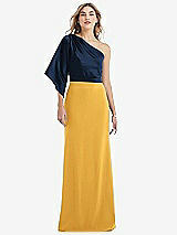 Front View Thumbnail - NYC Yellow & Midnight Navy One-Shoulder Bell Sleeve Trumpet Gown