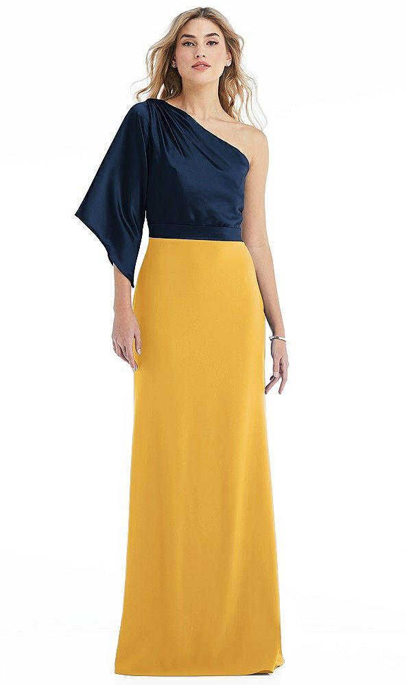 Front View - NYC Yellow & Midnight Navy One-Shoulder Bell Sleeve Trumpet Gown