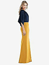 Side View Thumbnail - NYC Yellow & Midnight Navy One-Shoulder Bell Sleeve Trumpet Gown