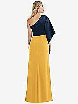 Rear View Thumbnail - NYC Yellow & Midnight Navy One-Shoulder Bell Sleeve Trumpet Gown