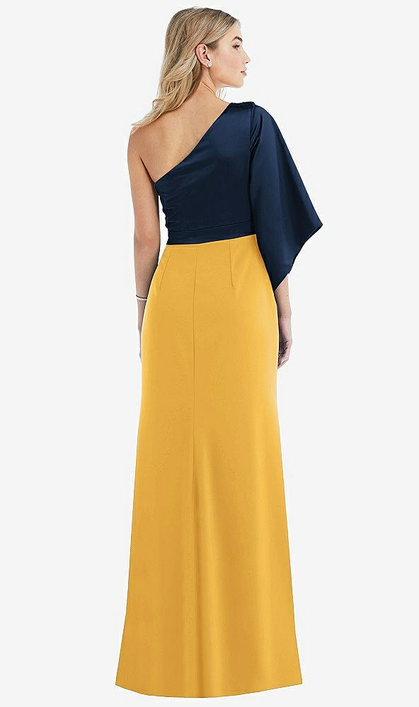 Back View - NYC Yellow & Midnight Navy One-Shoulder Bell Sleeve Trumpet Gown