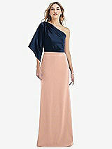 Front View Thumbnail - Pale Peach & Midnight Navy One-Shoulder Bell Sleeve Trumpet Gown