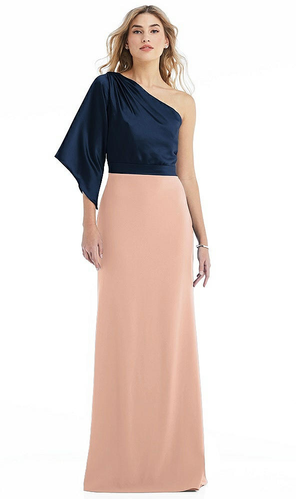 Front View - Pale Peach & Midnight Navy One-Shoulder Bell Sleeve Trumpet Gown