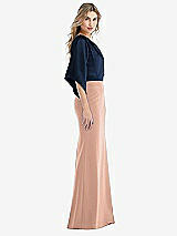 Side View Thumbnail - Pale Peach & Midnight Navy One-Shoulder Bell Sleeve Trumpet Gown