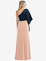 Rear View Thumbnail - Pale Peach & Midnight Navy One-Shoulder Bell Sleeve Trumpet Gown