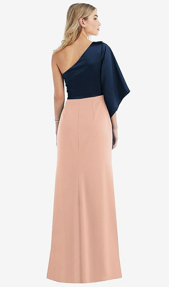 Back View - Pale Peach & Midnight Navy One-Shoulder Bell Sleeve Trumpet Gown
