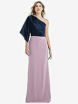 Front View Thumbnail - Suede Rose & Midnight Navy One-Shoulder Bell Sleeve Trumpet Gown