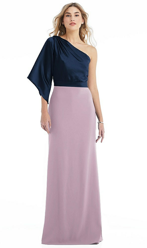 Front View - Suede Rose & Midnight Navy One-Shoulder Bell Sleeve Trumpet Gown