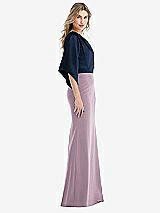 Side View Thumbnail - Suede Rose & Midnight Navy One-Shoulder Bell Sleeve Trumpet Gown