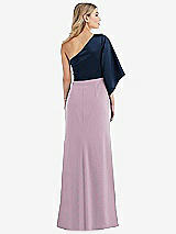 Rear View Thumbnail - Suede Rose & Midnight Navy One-Shoulder Bell Sleeve Trumpet Gown