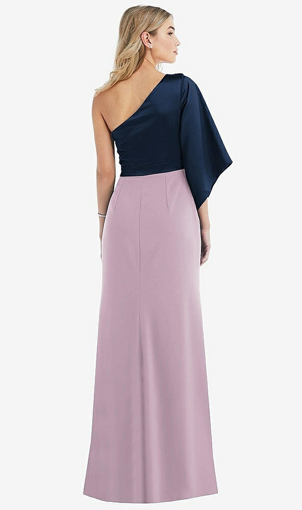 Back View - Suede Rose & Midnight Navy One-Shoulder Bell Sleeve Trumpet Gown