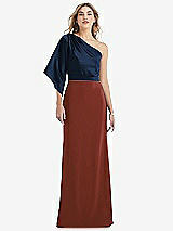 Front View Thumbnail - Auburn Moon & Midnight Navy One-Shoulder Bell Sleeve Trumpet Gown