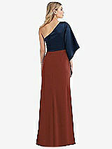 Rear View Thumbnail - Auburn Moon & Midnight Navy One-Shoulder Bell Sleeve Trumpet Gown