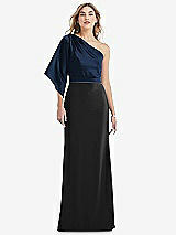 Front View Thumbnail - Black & Midnight Navy One-Shoulder Bell Sleeve Trumpet Gown