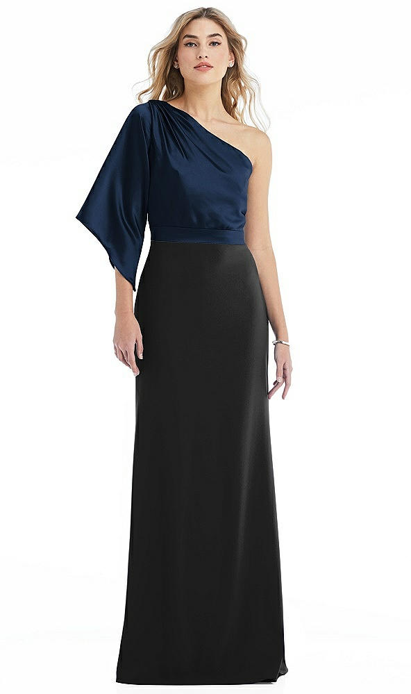 Front View - Black & Midnight Navy One-Shoulder Bell Sleeve Trumpet Gown