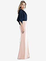Side View Thumbnail - Blush & Midnight Navy One-Shoulder Bell Sleeve Trumpet Gown