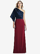 Front View Thumbnail - Burgundy & Midnight Navy One-Shoulder Bell Sleeve Trumpet Gown