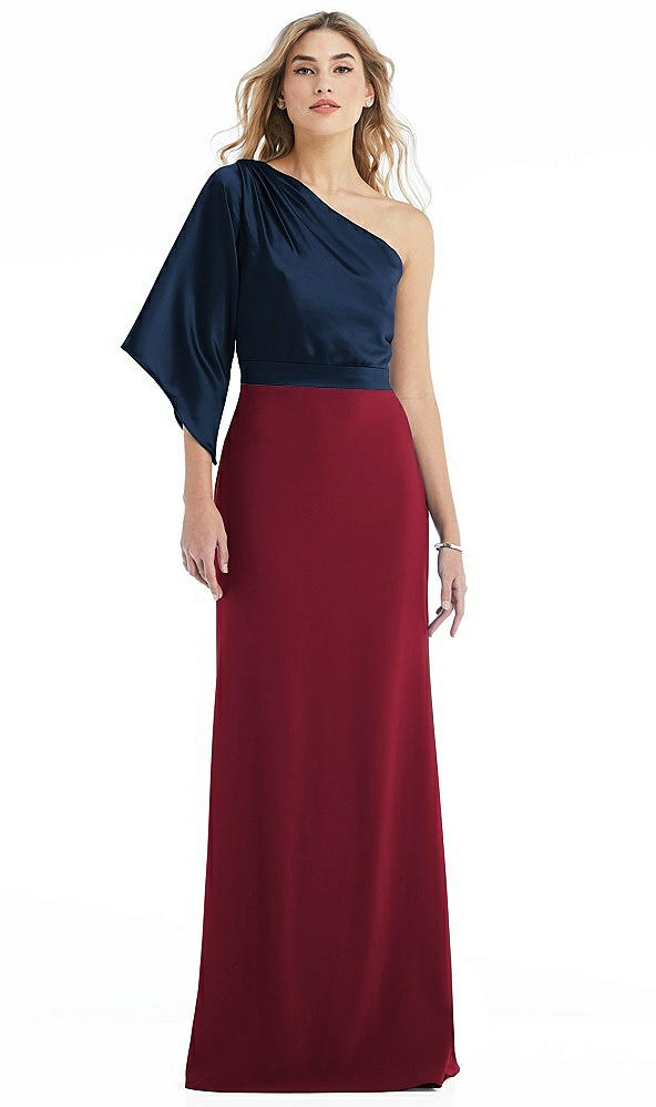 Front View - Burgundy & Midnight Navy One-Shoulder Bell Sleeve Trumpet Gown