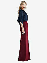 Side View Thumbnail - Burgundy & Midnight Navy One-Shoulder Bell Sleeve Trumpet Gown